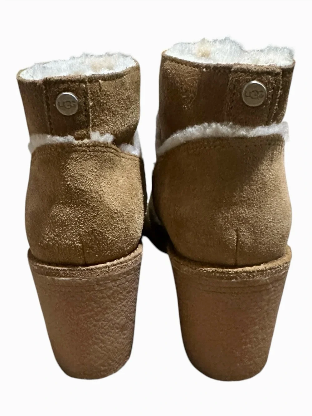 UGG Kasen Ii Shearling Suede Block Heel Ankle Booties Chestnut Size 7